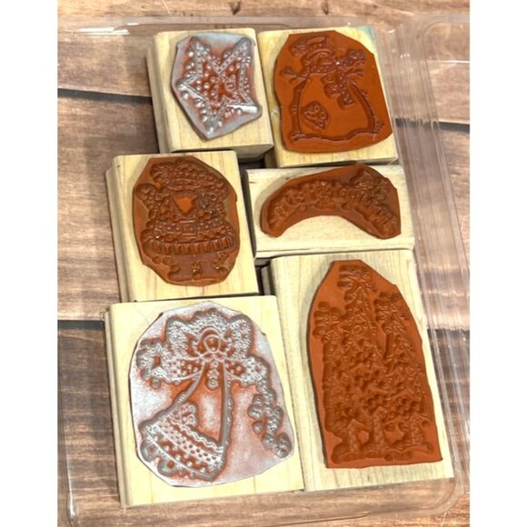 2000 STAMPIN' UP! HOLIDAY HELLO Wood Mounted Rubber Stamp set of 6 ANGEL TREE - Picture 4 of 4